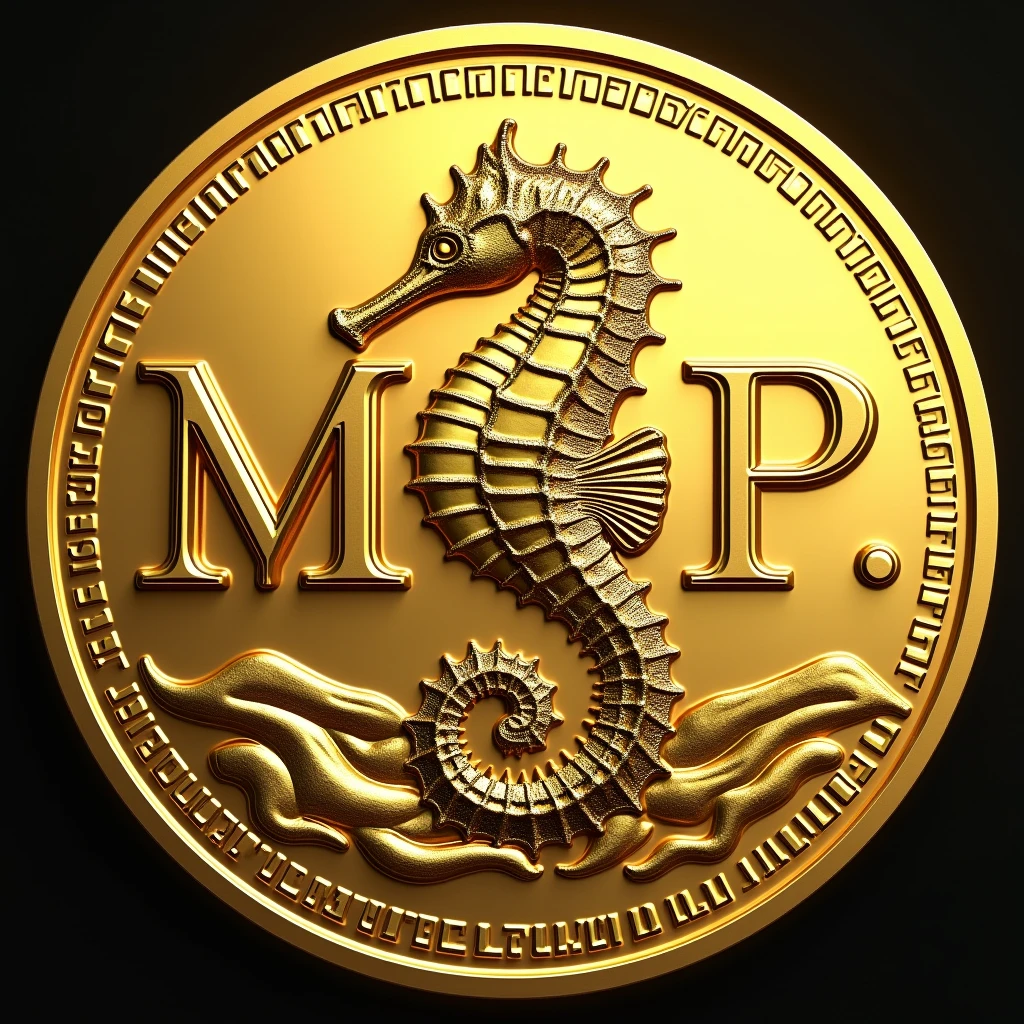Please create a coin with the letters MJP and a seahorse design in the center.。 Gold High quality Luxurious image、Display the string SN024082901 at the bottom