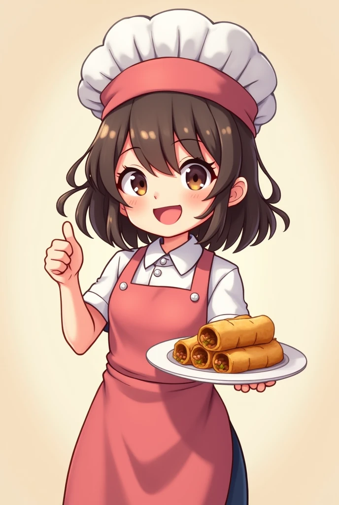Cute female chibi chef with pink apron and wavy hair holding a plate of lumpia rolls and doing a thumbs up on right hand
