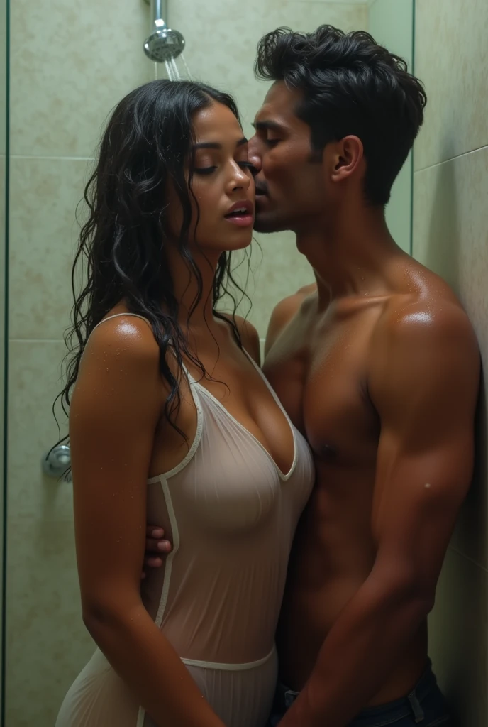 A man and a girl having bath together naked