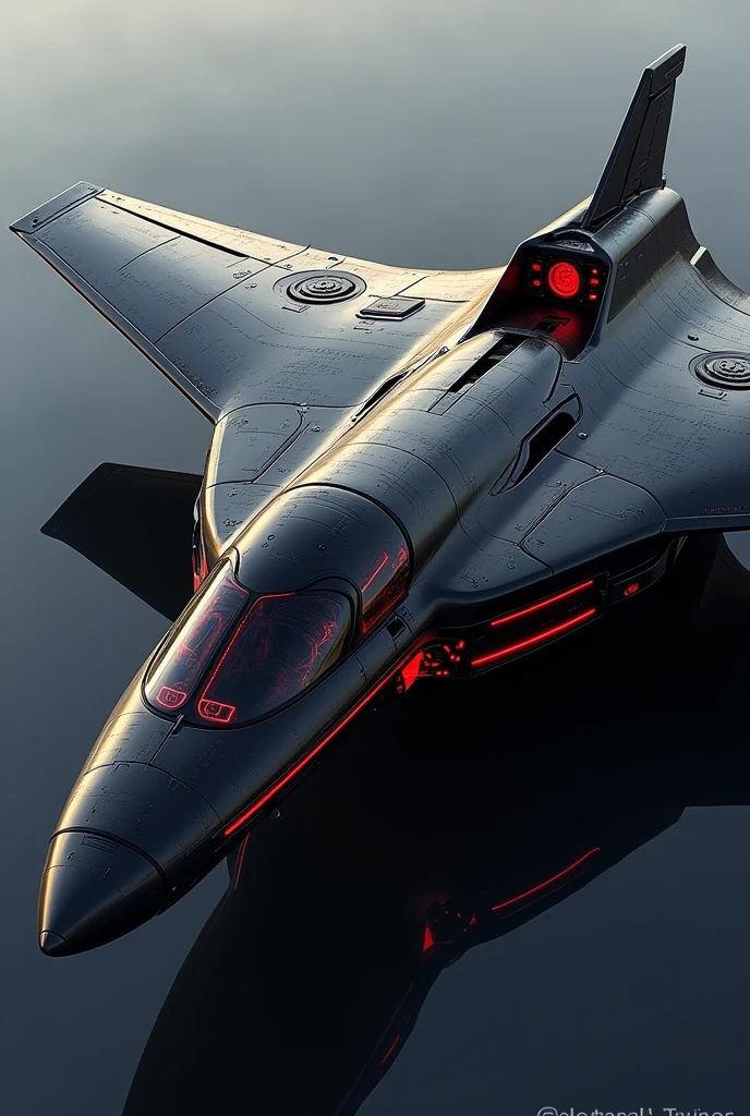 a futuristic plane,wide pilot cabin,20 passenger,black,red metalic colors