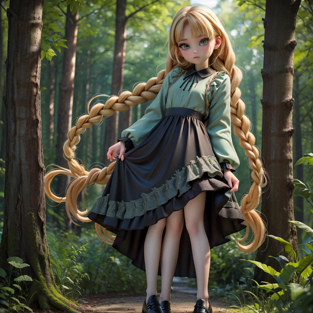 whole body、dress、pantyhose、Black footwear、Blonde、Loose braids、Beautiful Face、Green Eyes、Forest Background、(masterpiece:1.2)、Highest quality、Confused、Highly detailed wallpaper、Perfect lighting、(黒とのdress、length)sleeve:1.1)