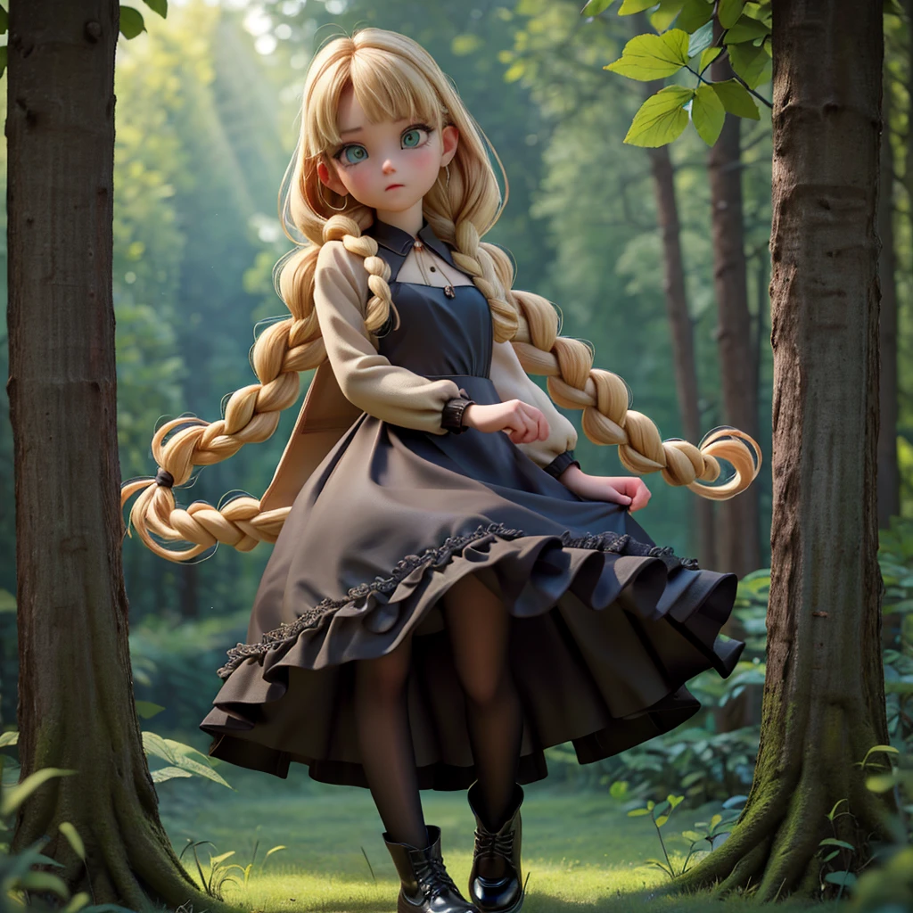 whole body、dress、pantyhose、Black footwear、Blonde、Loose braids、Beautiful Face、Green Eyes、Forest Background、(masterpiece:1.2)、Highest quality、Confused、Highly detailed wallpaper、Perfect lighting、(黒とのdress、length)sleeve:1.1)