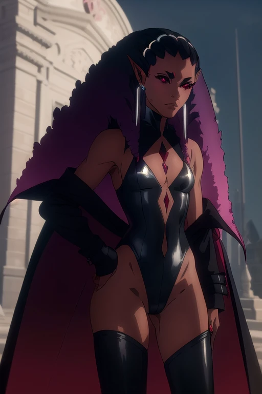 castlevaniadrolta, black hair, (red eyes:1.5), pointy ears, dark skin, dark-skinned female, colored sclera, black sclera, purple hair, gradient hair, two-tone hair, cleavage, jewelry, earrings, off shoulder, leotard, black leotard, pants, black pants, cape, cloak