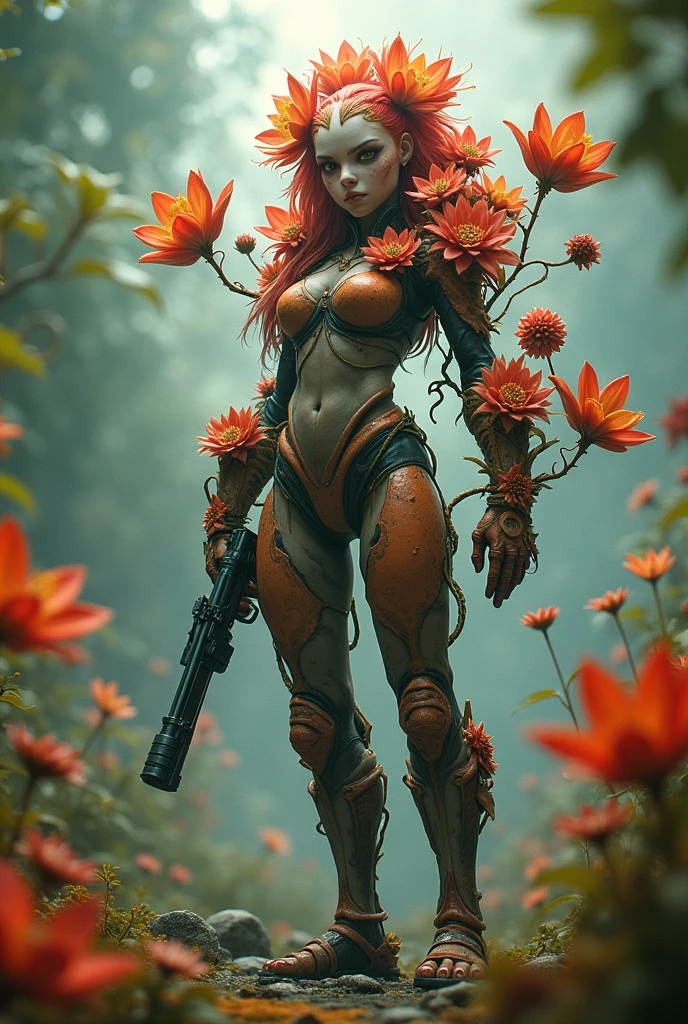 Cibrg bloom warrior Cibrg flower guardian mutant girl with flower arms with a pistol in her arm