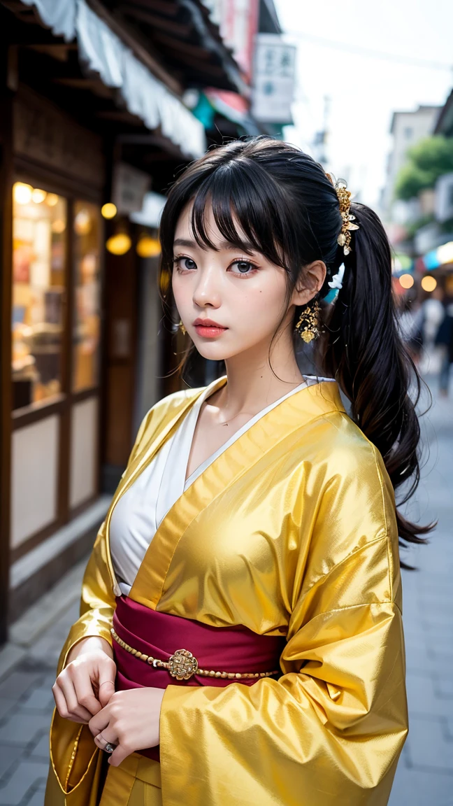 Kozuki Hiyori from One Piece is depicted walking through the bustling streets of the Flower Capital in Wano. Her long black hair is tied up in an intricate bun, adorned with beautiful golden hairpins. She wears a luxurious, multicolored kimono with a peacock design, symbolizing her noble heritage. The lively market around her contrasts with her calm and composed demeanor.