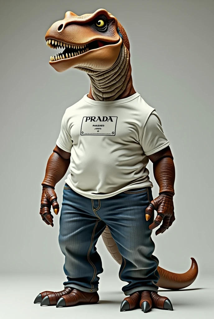 Dinosaur wearing a T-shirt with jeans set from Prada, full body photo, real as in real life