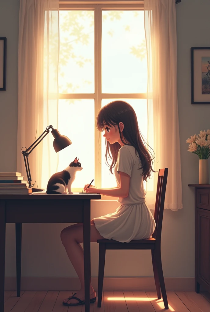 anime character sitting in front of a study desk with her cat, a lofi art style . kjapanese animation style, 16:4 picture, official art, art work in style of guweiz,