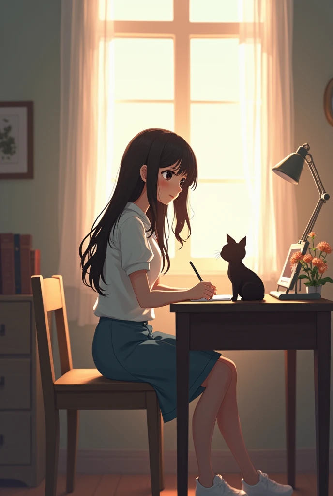 anime character sitting in front of a study desk with her cat, a lofi art style . kjapanese animation style, 16:4 picture, official art, art work in style of guweiz,