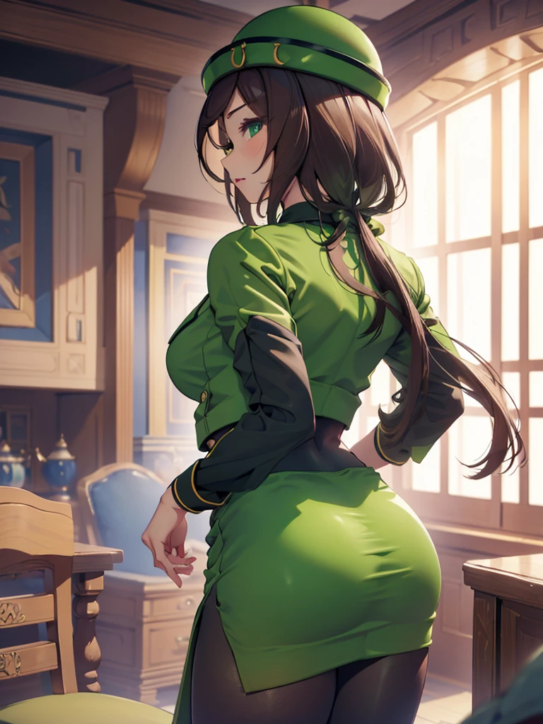 (​masterpiece、top-quality、hight resolution、Unity 8k、extremely details CG:1,Best Picture), hayakawa tazuna, low ponytail, green headwear, green jacket, green skirt, pantyhose, "A porn star leaning forward, captured from the back view, with her body slightly bent at the waist. Her hair flows down her back, and she is wearing a tight outfit that highlights her curves. The focus is on her lower back and hips, emphasizing the seductive posture from behind."