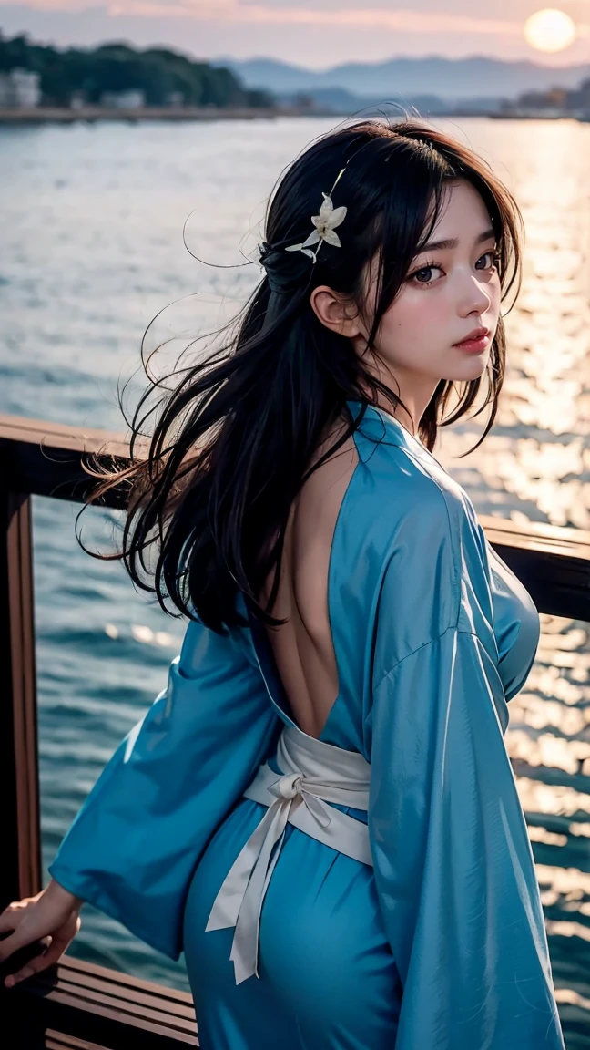 Kozuki Hiyori from One Piece gazes out from a balcony overlooking the vast seas of Wano. Her hair, black as the night, is loosely tied with a simple ribbon, flowing down her back. She wears a pale blue kimono with delicate white lotus patterns. The sunset casts a warm glow on her, and the wind gently sways her hair as she contemplates her fate