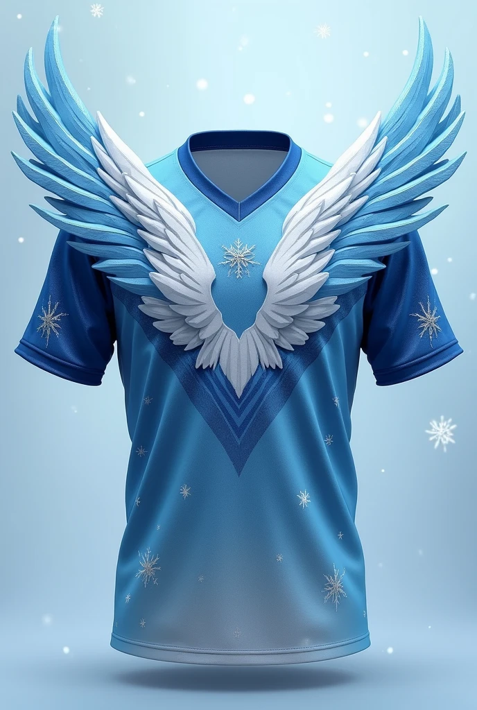 Create a jersey design with following ideas
 Base Color: Sky Blue with White and Dark Blue Highlights
Design Elements:
Winged Shoulder Design: Design the shoulders to resemble Articuno’s wings, with a layered, feathered look in various shades of blue and white.
Subtle Snowflakes: Small snowflake motifs could be scattered across the jersey, especially on the lower half and sleeves, to enhance the wintery feel.
Accents:
Silver Threading: Use silver threading for all stitching and embroidery, adding a subtle but classy touch.
Articuno Emblem: A small, detailed Articuno emblem on the chest or as a patch on the sleeve can add character without overpowering the overall design.
