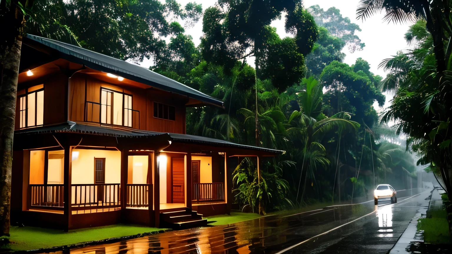Heavy Rain in street Forest and tradisional house