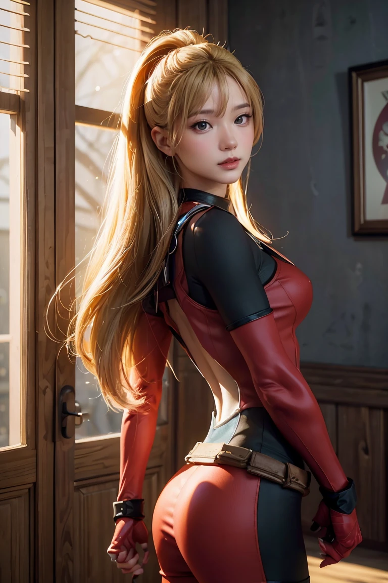 (((3d,CGI))) “cartoon art-style” realistic portrait of a sexy and busty female superhero character in the style of Deadpool, I have blonde hair., Wear tight clothing., holding a sword, Pose seductively and confidently, It is large., The back has a good figure., (best quality,4K,8ก,height,Masterpiece:1.2),Very detailed,(realistic,photorealistic,photo-realistic:1.37),ลักษณะใบหน้าที่มีรายVery detailed,Beautifully detailed eyes,Beautifully detailed lips,ดวงตาและใบหน้าที่มีรายVery detailed,Long eyelashes,Intricate costume details,dynamic light,Stunning shadow,bright colors,movie elements