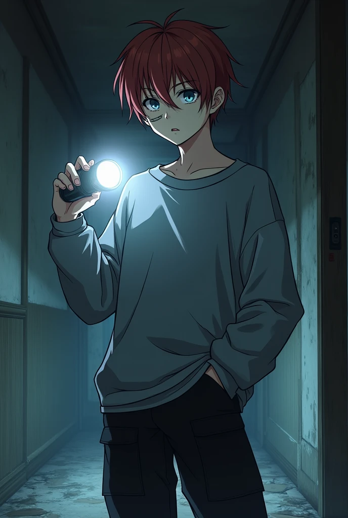 A handsome 1 Japanese teenager wearing an oversized gray sweater. Les sleevers cachent ses mains. He is wearing black cargo shorts. The boy has short hair, roux et non oranges, in battle. He has claws under his eyes and a bandage on his cheek.. Il a les yeux bleu pale. Il est beau. Son visage est le plus visible. animated. He is in an abandoned mansion and is holding a flashlight. He is tall. 