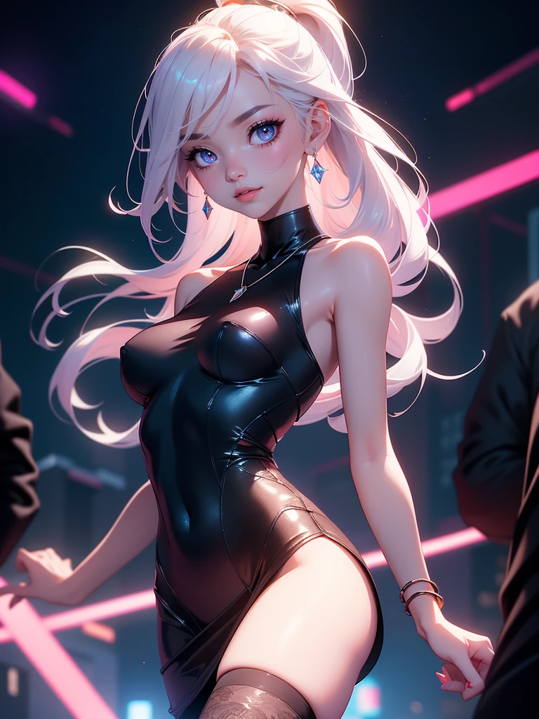 8 K, masterpiece, RAW photo, Best quality, detail:1.2), photorealistic, Extremely detailed Cg Unity 8 K wallpaper, depth of field, cinematic light, lens flare, Ray tracing, (incredibly beautiful face, beautiful lips, beautiful eyes), intricate detail face, ((ultra detailed skin)) 1 girl, In the dark, deep shadow, Cute Korean girl, k-pop idol, (Very thin and slender muscular body:1.3), ((view viewer)), (big smile), (bodycon mini dress), (pink dress), (Injection sleeve), (City night, (sign neon lights), (night), Cute Korean girl, earrings, bracelet, NECKLACE, tights, clear eyes, to walk, (pale skin), facing forward, (big eyes), ((upper body punches)), dress tightly, silk dress, Return, backshot, Very thin, slander