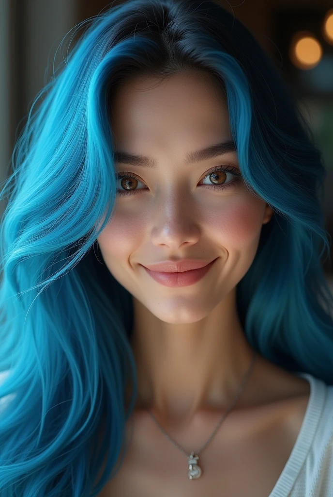 a beautiful young 1 woman, extremely detailed face, piercing light browns eyes, long flowing blue hair, delicate facial features, flawless skin, warm gentle smile, serene expression, intricate details, digital art, masterpiece, ultra-detailed, photorealistic, studio lighting, professional portrait, cinematic, dramatic lighting, vibrant colors, glowing skin, hyper-realistic, sharp focus