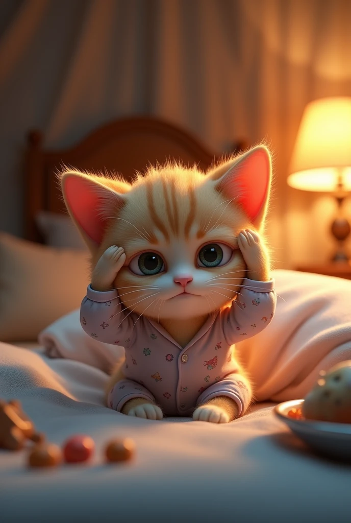 "A Pixar-style 3D rendering of a cute little AI cat in a dimly lit, cozy bedroom。 The cat is wearing cute pastel colored pajamas with a whimsical pattern。 Curled up on a soft pillow、Apparently suffering from a severe headache。 The cat's expressive, large eyes are moist with tears、Reflecting the suffering。 Press your front paws against your head、Emphasizing the pain。 The room is dark、The bedside lamp provides a soft, warm glow.。 Surrounded by untouched cat toys and、There are food bowls scattered about that are barely touched.、Pain is preventing your cat from carrying out normal activities。 The overall scene is、It conveys both the cuteness of the cat and the intensity of its discomfort.、It captures the essence of a normally playful creature struggling with debilitating pain.。"