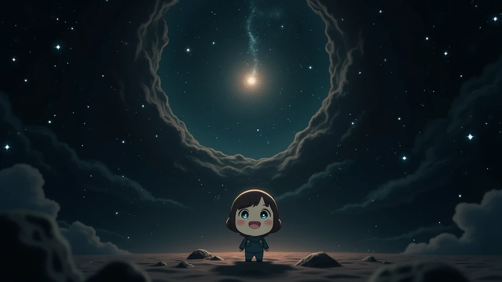 Chibi "Mii Beta" on space, In the style of Makoto Shinkai。master piece, ultra detail, precision, ultra-realistic,