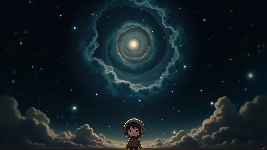 Chibi "Mii Beta" on space, In the style of Makoto Shinkai。master piece, ultra detail, precision, ultra-realistic,