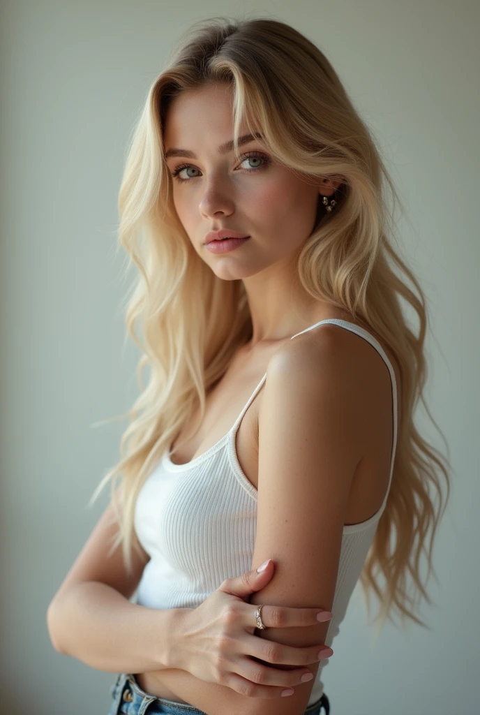 1 very young looking skinny Russian teen girl in shot posing , very slim tight skinny super model bod, legal but looking 16y, blond, in high school