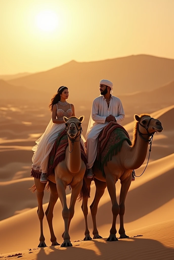 Man 30 years old 23 and women about riding camels, man wearing beautiful white muslim clothing, woman wearing belly dancer outfit with jewelry, detailed facial features, intricate jewelry and clothing textures, dramatic lighting casting long shadows, desert landscape with towering sand dunes, warm golden tones, cinematic composition, (best quality,4k,8k,highres,masterpiece:1.2),ultra-detailed,(realistic,photorealistic,photo-realistic:1.37)