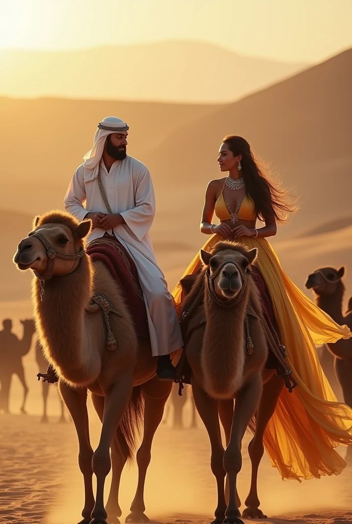 Man 30 years old 23 and women about riding camels, man wearing beautiful white muslim clothing, woman wearing belly dancer outfit with jewelry, detailed facial features, intricate jewelry and clothing textures, dramatic lighting casting long shadows, desert landscape with towering sand dunes, warm golden tones, cinematic composition, (best quality,4k,8k,highres,masterpiece:1.2),ultra-detailed,(realistic,photorealistic,photo-realistic:1.37)