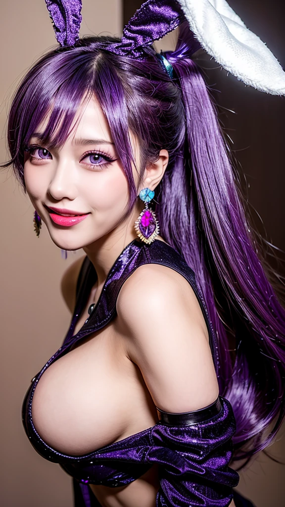 High resolution, One girl, Purple eyes, ponytail, Sticking out tongue, Bunny ears, Highest quality, High-resolution model, Colorful Hair, Large Breasts, Earrings, smile, accessories, Sparkle Effect, abstract,