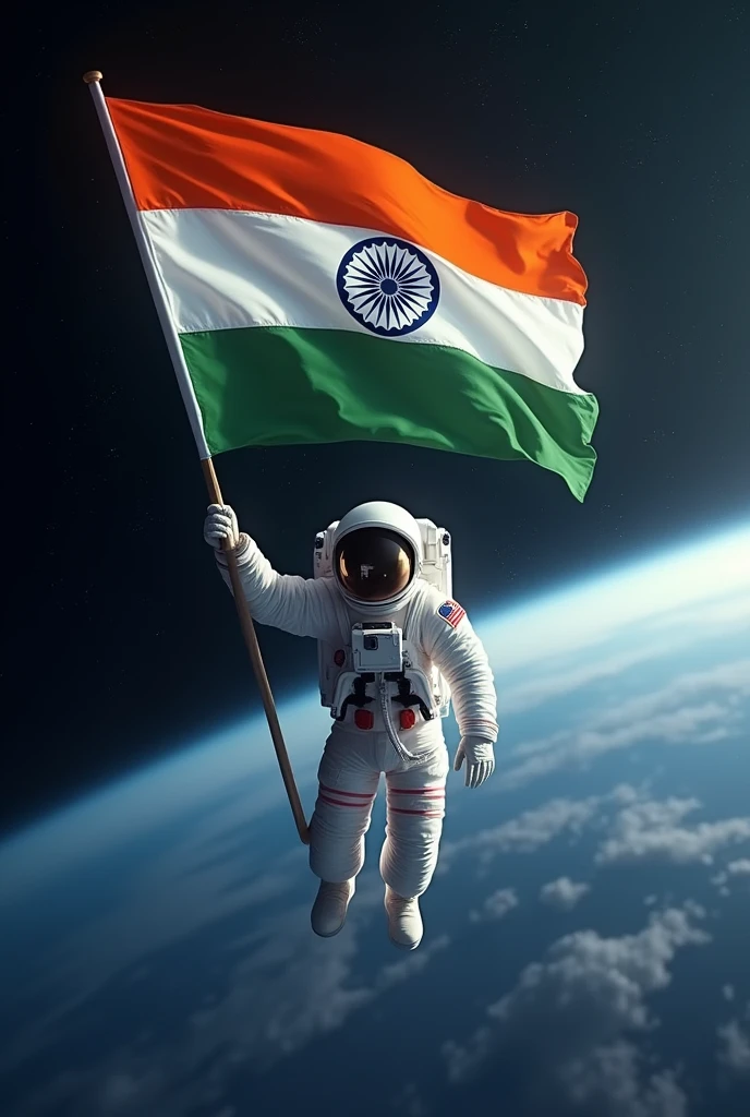 Astronaut floating Indian flag in space and looking at the Earth 