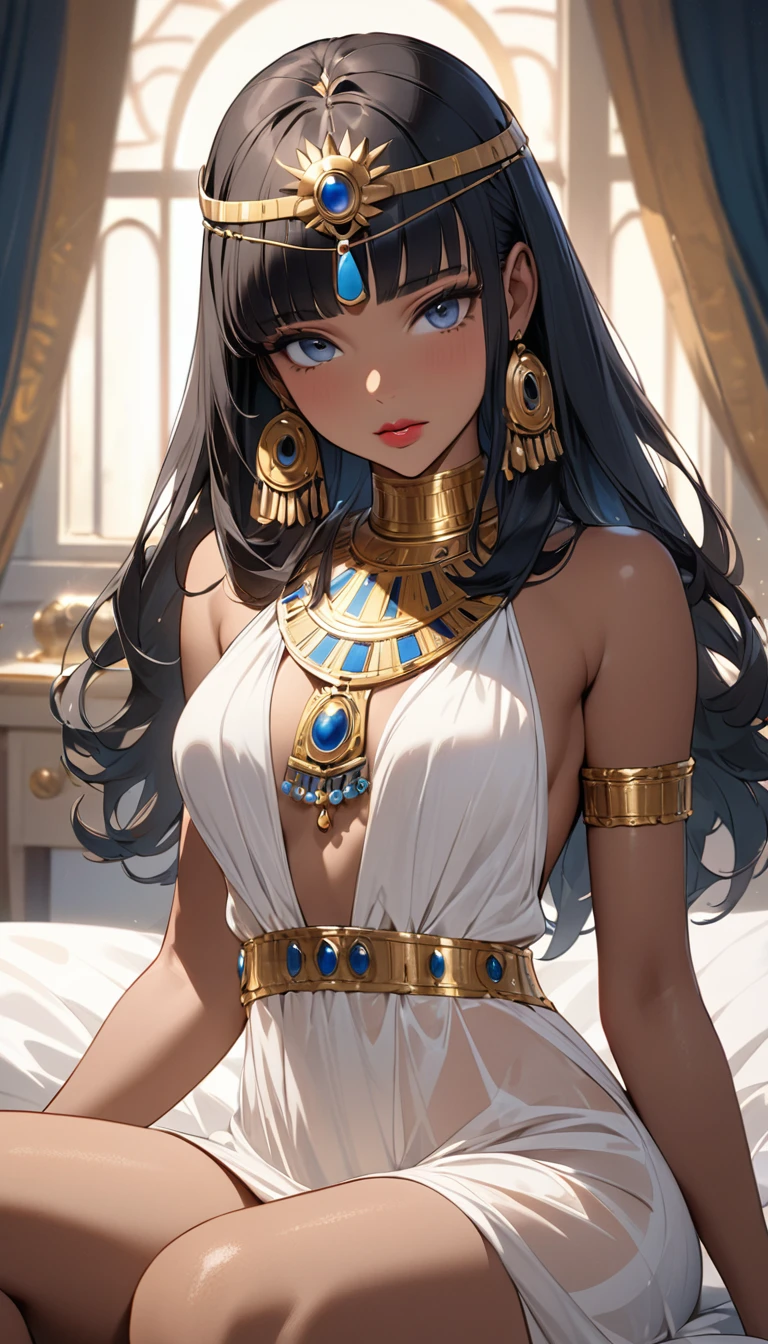 ((best quality)), ((masterpiece)), (Detailed face and eyes), Perfect face, Charming and accurate, Textured Skin, High Detail, high resolution, Cleopatra, Queen, Wearing a silk dress, Gemstone crown, Lipstick, , Tanned skin, Bronze skin, Sit on the bedroom bed,((Hands on legs)),Half Body