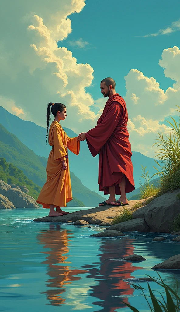 Scene: The monk gently sets the young woman down on the opposite bank, with the disciple still looking troubled.
Character Description: The monk remains serene, while the disciple frowns, deep in thought. In comic style 