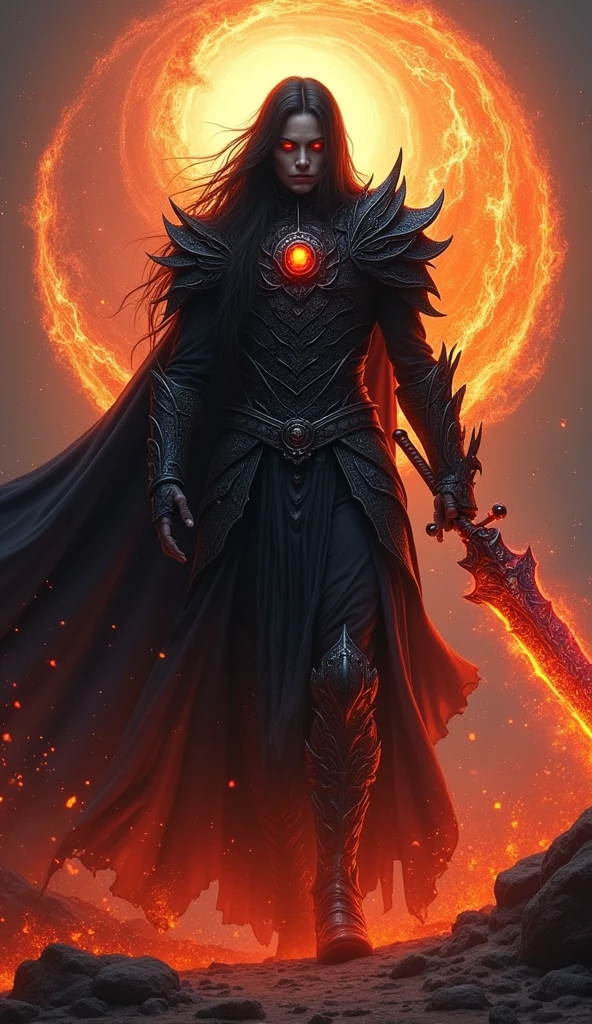 Full body portrait, 16K ultra-high resolution, dark gothic aesthetic, dramatic chiaroscuro lighting, imposing stance, long black hair cascading down back, piercing red eyes glowing with supernatural intensity, wearing black gothic armor with blood-red jewels, wielding a massive great sword with intricate engravings, surrounded by swirling light ("Luminous Order" ability), fiery wolf aura enveloping the body ("Blaze Fang" ability), extremely detailed armor decorations and jewel facets, intricate patterns in the swirling light, individual hairs in the fiery wolf's fur, stark contrast between light and shadow, full-length view from head to toe including detailed depiction of boots and ground beneath