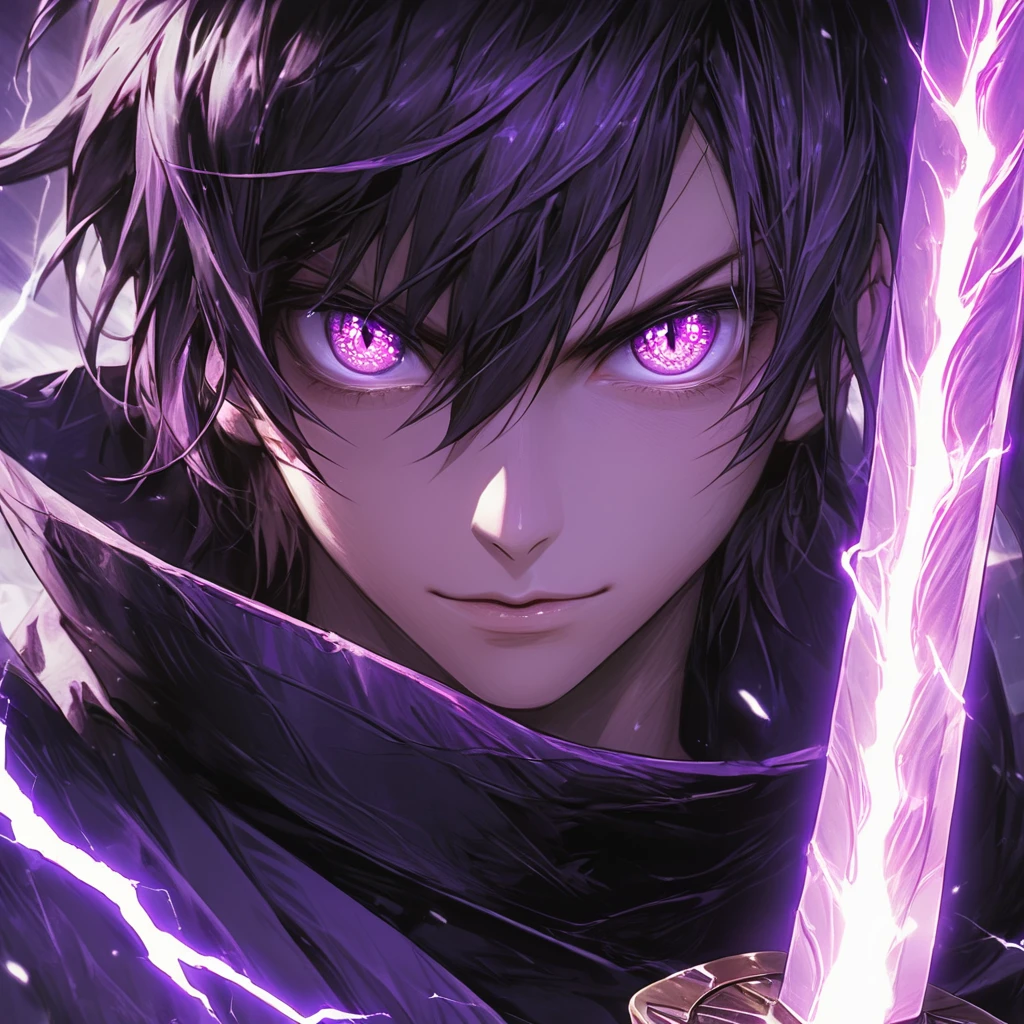 masterpiece, best quality, extremely detailed CG unity 8k wallpaper, A purple sword wrapped in lightning. It is very precisely made. An illustration of a cool girl holding an incredibly precise, high-definition, sharp, glowing sword. He is looking at you with big eyes and sharp eyes. wearing . The sword is tinged with a purple light and gives off a sense of evil. A three-dimensional illustration that gives you a sense of depth.