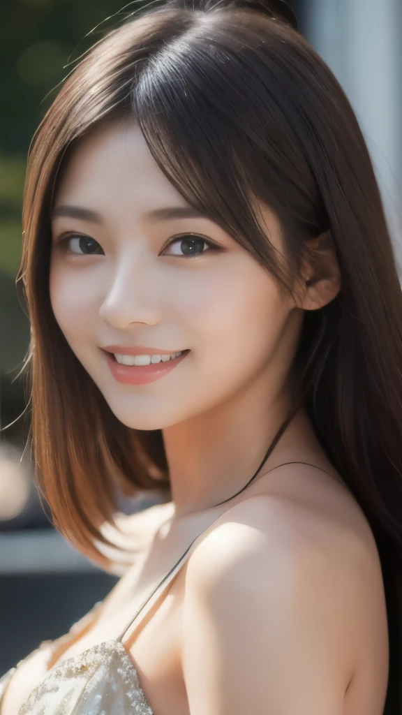 8k,Highest quality,(masterpiece:1.2),(Realistic),(Realistic:1.37),Ultra-high resolution,1 female college student,smile,Beautiful Eyes,Beautiful teeth alignment, Party Venue,(((dress))),Big Breasts,Perfect body,Perfect Fingers,Professional Lighting,gravure,Detailed face and skin texture,fine grain,RAW Photos