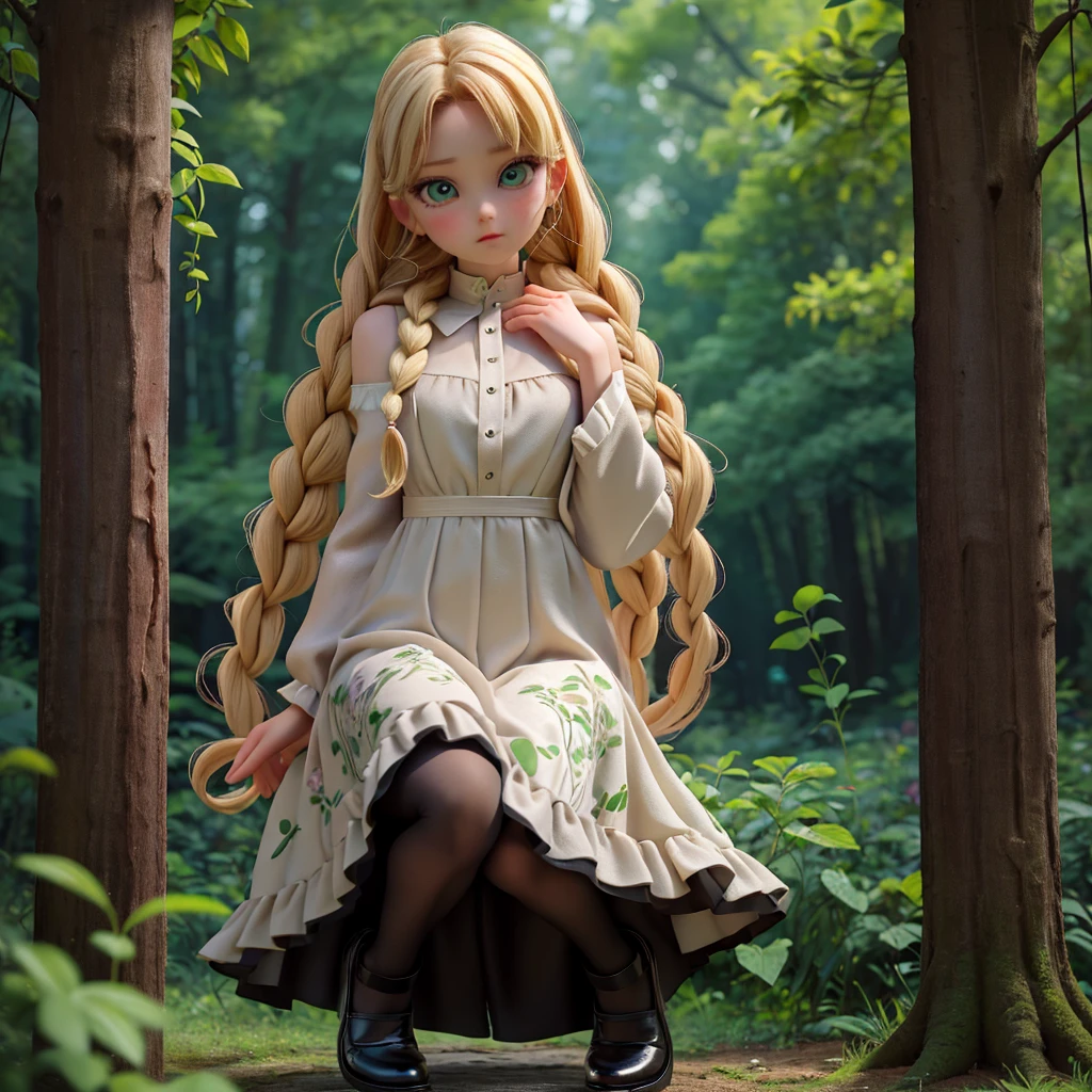 whole body、dress、pantyhose、Black footwear、Blonde、Loose braids、Beautiful Face、Green Eyes、Forest Background、(masterpiece:1.2)、Highest quality、Confused、Highly detailed wallpaper、Perfect lighting、(黒とのdress、length)sleeve:1.1)