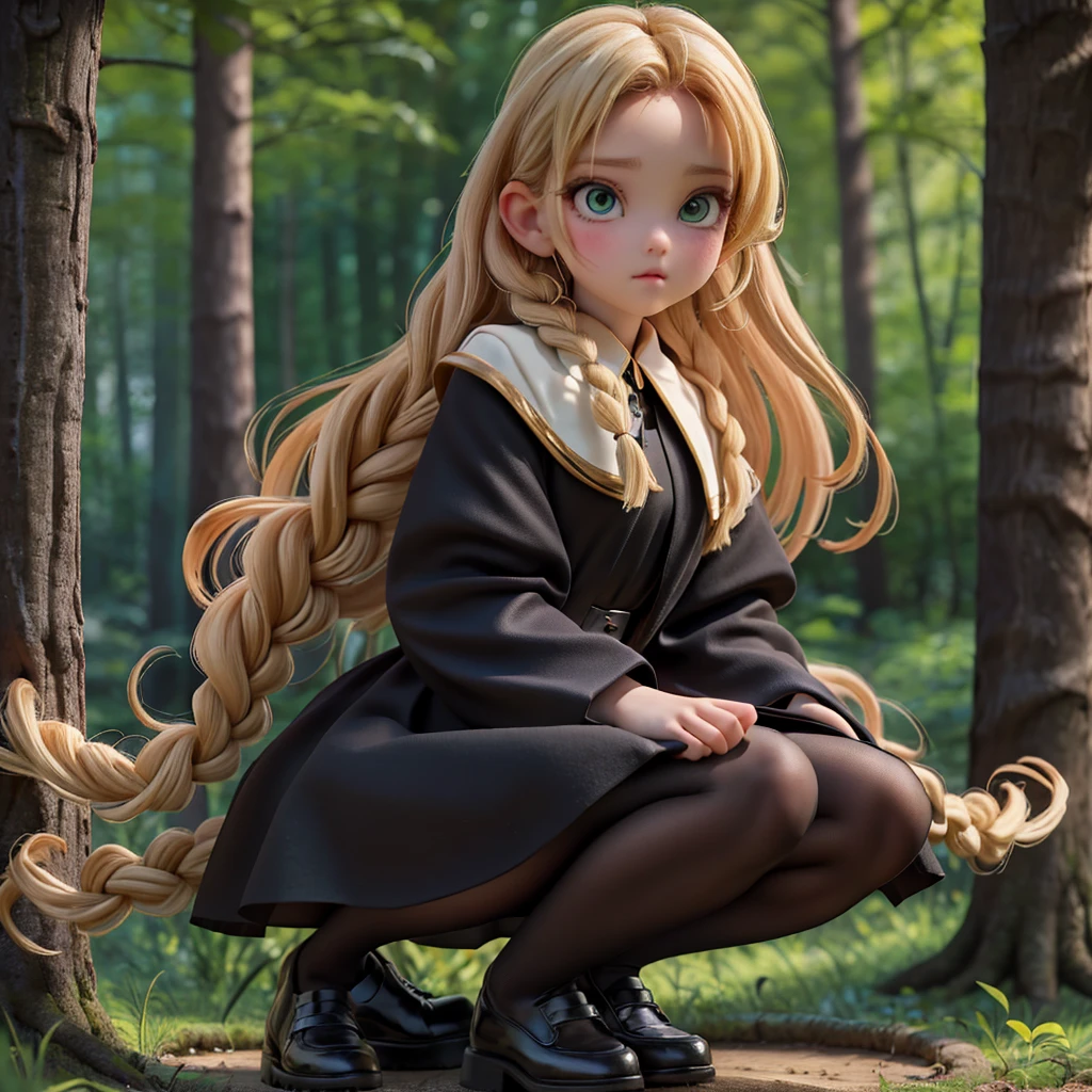 whole body、dress、pantyhose、Black footwear、Blonde、Loose braids、Beautiful Face、Green Eyes、Forest Background、(masterpiece:1.2)、Highest quality、Confused、Highly detailed wallpaper、Perfect lighting、(黒とのdress、length)sleeve:1.1)