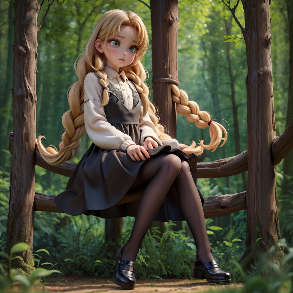 whole body、dress、pantyhose、Black footwear、Blonde、Loose braids、Beautiful Face、Green Eyes、Forest Background、(masterpiece:1.2)、Highest quality、Confused、Highly detailed wallpaper、Perfect lighting、(黒とのdress、length)sleeve:1.1)