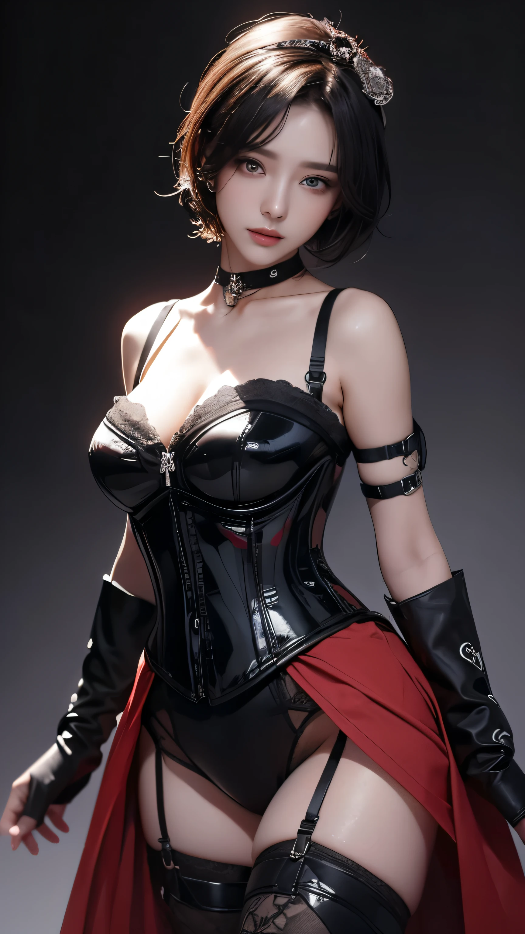 masterpiece, Highest quality, Very detailed, To the camera, Very detailed, Realistic, Sharp features, Very detailed, Sharp focus, Perfect Face, Perfect Face, Perfect symmetry and perfect eyes, Perfect Plump Lips, Flexible female form, cinematic, Film Light, Very detailedな, hyper Realistic, masterpiece, Atmospheric, High resolution, Vibrant, Dynamic Studio Lighting, ((Dark Background)), The facial expression when feeling happy, handcuffs, BDSM, slave, Rubber, Red Corset, (赤いfirst round), ((Highest quality, 8k, masterpiece: 1.3)), Sharp focus: 1.2, Beautiful woman with perfect figure: 1.4, Slim abs: 1.2, Wet body: 1.5, Very detailed face and skin texture, Detailed eyes, double eyelid, Very short hair,((SM lady)),((m嬢)),handcuffs,first round,Red and black outfit