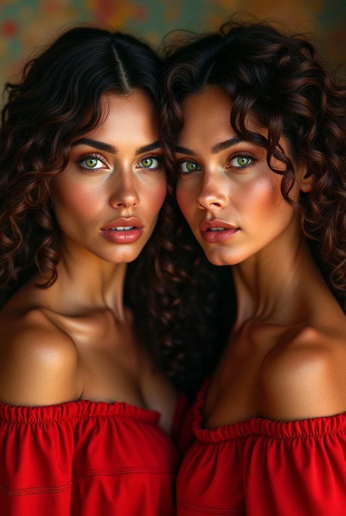 2 woman of Latin origin, green eyes, curly brown hair, red clothing 