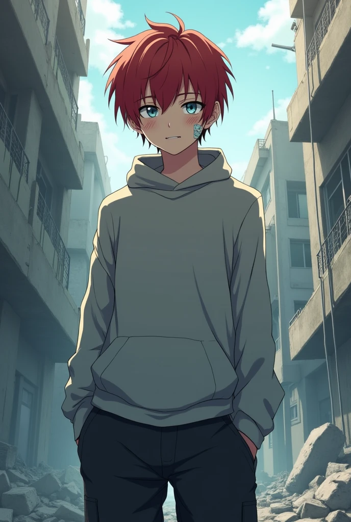 Japanese teenage boy wearing an oversized grey sweater. The sleevers hide his hands. He is wearing a black cargo short. The boy have short red not orange messy hair. He have bruises under his eyes and a bandage on his cheek. He have pale blue eyes. He is handsome. His face is the most visible. Anime. He stands in front of a destroyed building. 