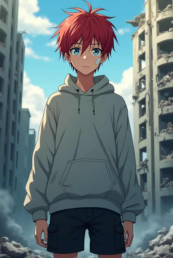 Japanese age boy wearing an oversized grey sweater. The sleevers hide his hands. He is wearing a black cargo short. The boy have short red not orange messy hair. He have bruises under his eyes and a bandage on his cheek. He have pale blue eyes. He is handsome. His face is the most visible. Anime. He stands in front of a destroyed building.