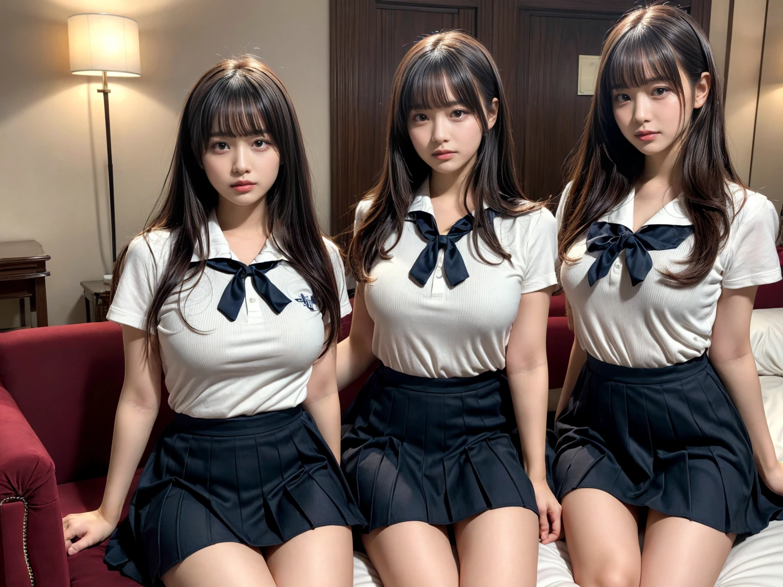 masterpiece, best quality, illustration, Super detailed, fine details, High resolution, 8K,wall paper, perfect dynamic composition,(Details High quality, realistic depiction of eyes:1.3), (3 girls), Black Sailor Uniform, serafuku, Navy pleated skirt, sitting, open legs, short bob hair, in a hotel room in the background, deep on field, large breasts, black hair color, Big Natural Color Lip, (perfect body shape), crying a little、Harajuku style、20 year old girl、cute type、beautiful legs, Gravure Idol