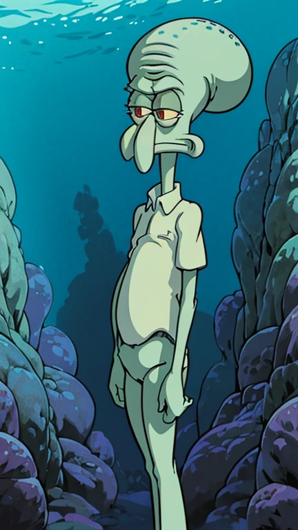 (1man, squidward), (extremely detailed CG unit 8k wallpaper),(master part), (best quality), (ultra detail), (best illustration),(ghibli syle), cowboy shot, (Sharp eyeliner, ombre, detailed eyes:1), under the sea,