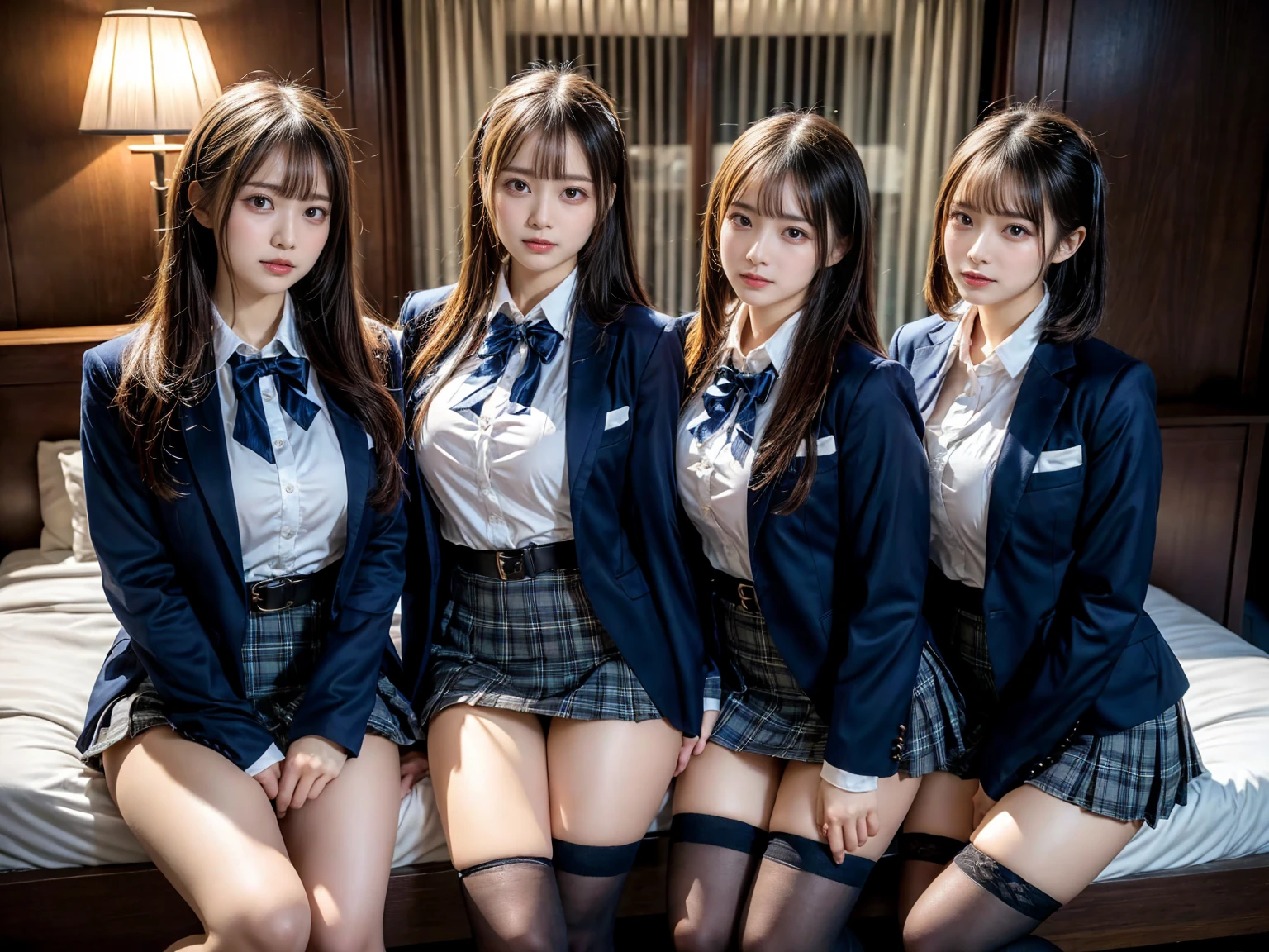 (8K, Raw photography, top-quality, masterpiece:1.2), master piece, best quality, illustration, Super detailed, fine details, High resolution, 8K,wall paper, perfect dynamic composition,(Details High quality, realistic depiction of eyes:1.3), ((2 girls, 2 schoolgirls)), The background is a luxury hotel room、High school girl uniform、blazer 、Super Short Check Uniform Skirt、Navy blue high socks、garterbelts、Colossal tits、Disturbed uniform, Play with each other,Touching each other's bodies,Touching the body of the girl next door, short bob hair, black hair color, huge breasts, Big Natural Color Lip, bold sexy pose, (perfect body shape), crying a little、cold gaze, Beautiful makeup,glitter makeup,Cutest 1, beautiful legs, hposing Gravure Idol, Voluptuous thighs