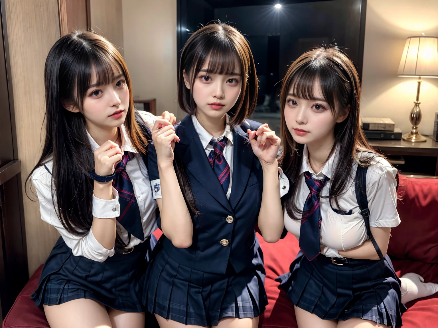 (8K, Raw photography, top-quality, masterpiece:1.2), master piece, best quality, illustration, Super detailed, fine details, High resolution, 8K,wall paper, perfect dynamic composition,(Details High quality, realistic depiction of eyes:1.3), ((2 girls, 2 schoolgirls)), The background is a luxury hotel room、High school girl uniform、blazer 、Super Short Check Uniform Skirt、Navy blue high socks、garterbelts、Colossal tits、Disturbed uniform, Play with each other,Touching each other's bodies,Touching the body of the girl next door, short bob hair, black hair color, huge breasts, Big Natural Color Lip, bold sexy pose, (perfect body shape), crying a little、cold gaze, Beautiful makeup,glitter makeup,Cutest 1, beautiful legs, hposing Gravure Idol, Voluptuous thighs