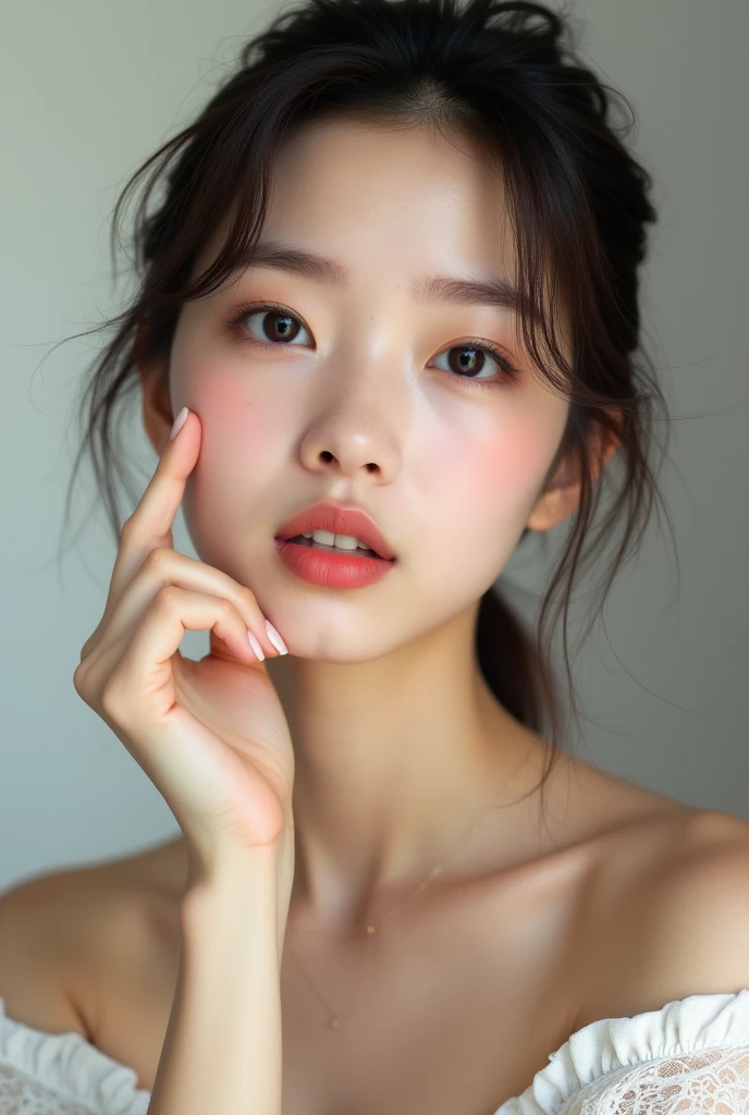 naked realistic Asian girl selfie poking her left cheek
