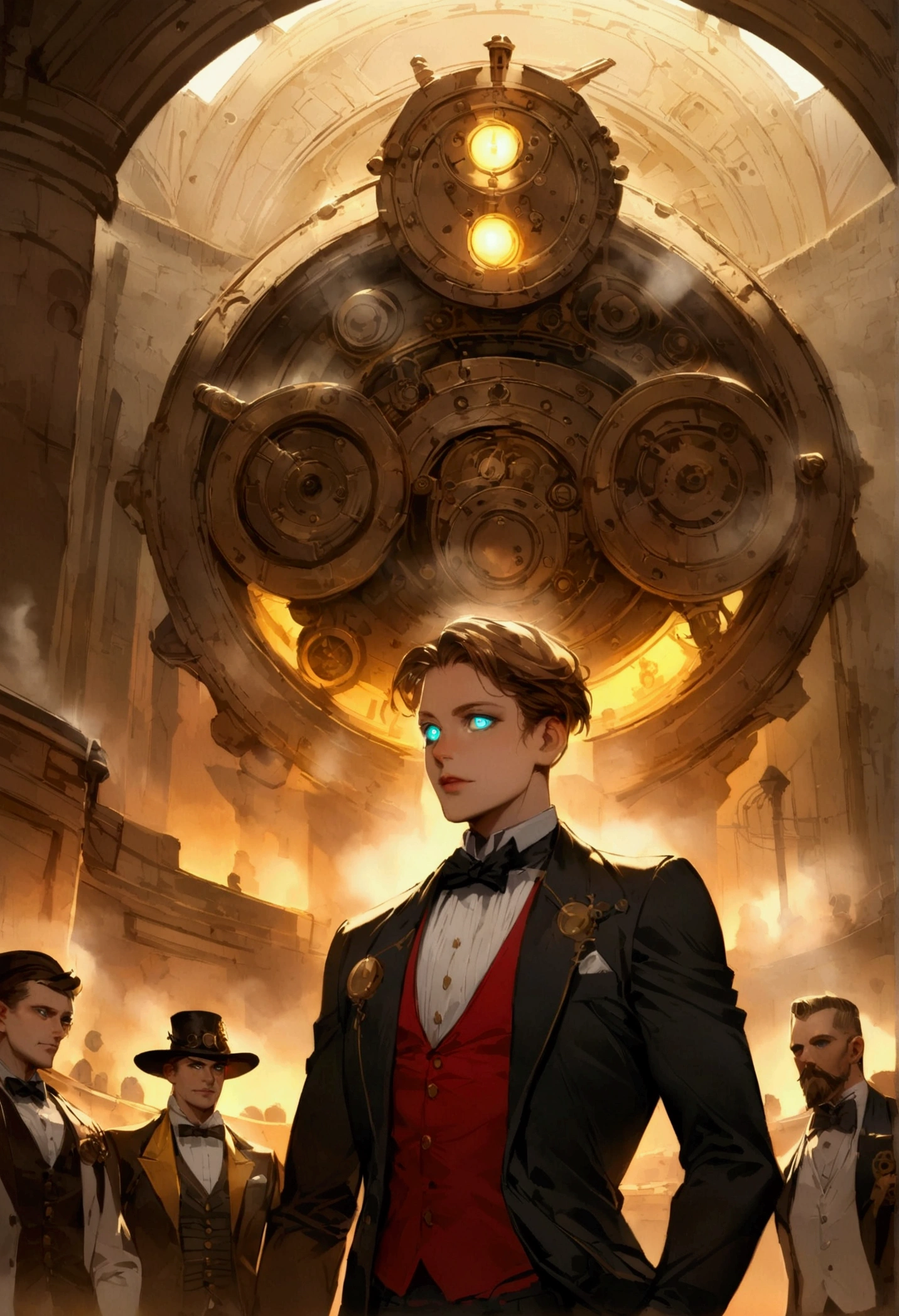Android soccer, steam punk, (dapper tuxedo themed androids, obviously mechanical, steam vents, lit eyes) play soccer in a well lit packed stadium, teams have different color schemes
