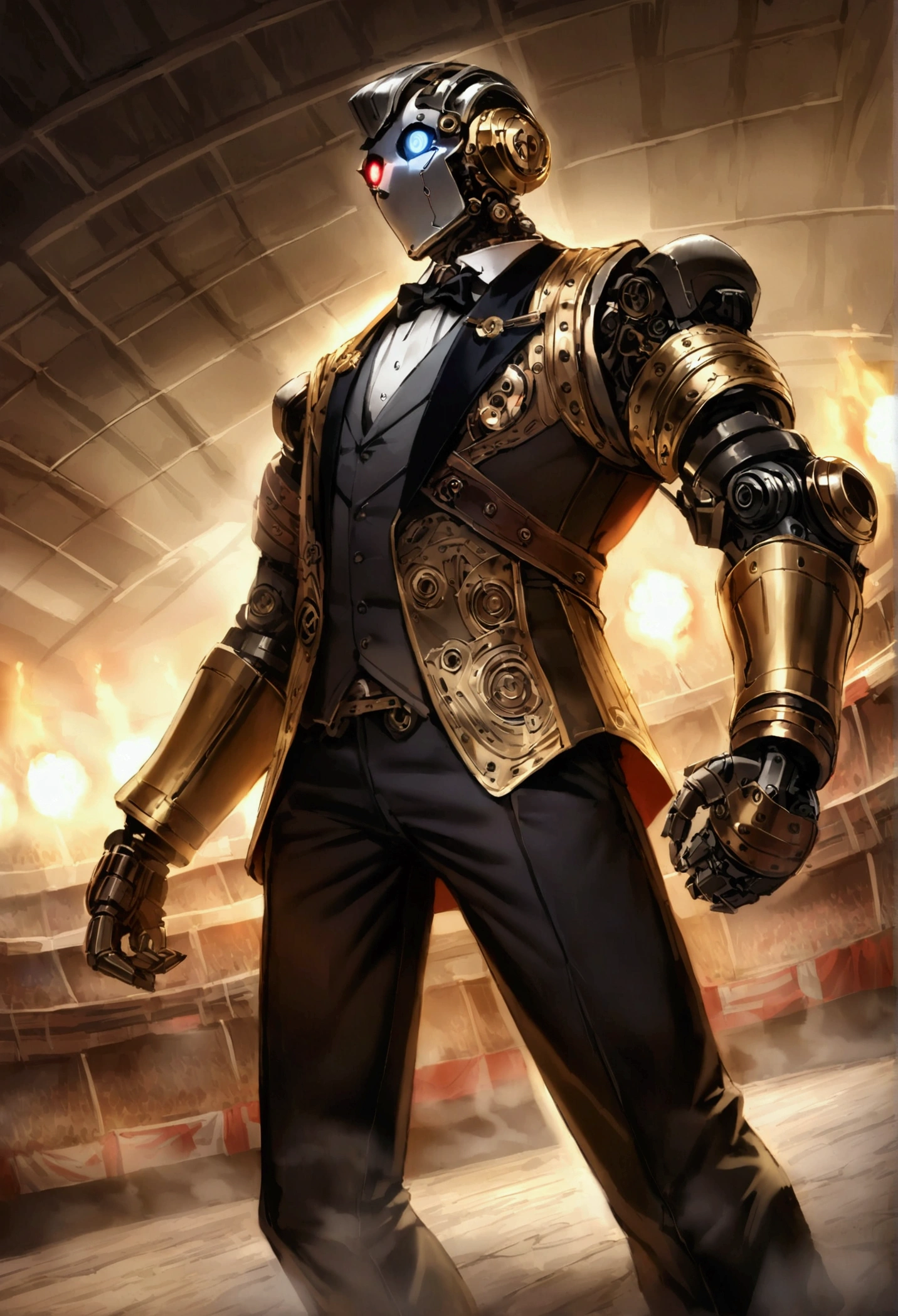 Android soccer, steam punk, (dapper tuxedo themed androids, obviously mechanical, steam vents, lit eyes) play soccer in a well lit packed stadium, teams have different color schemes
