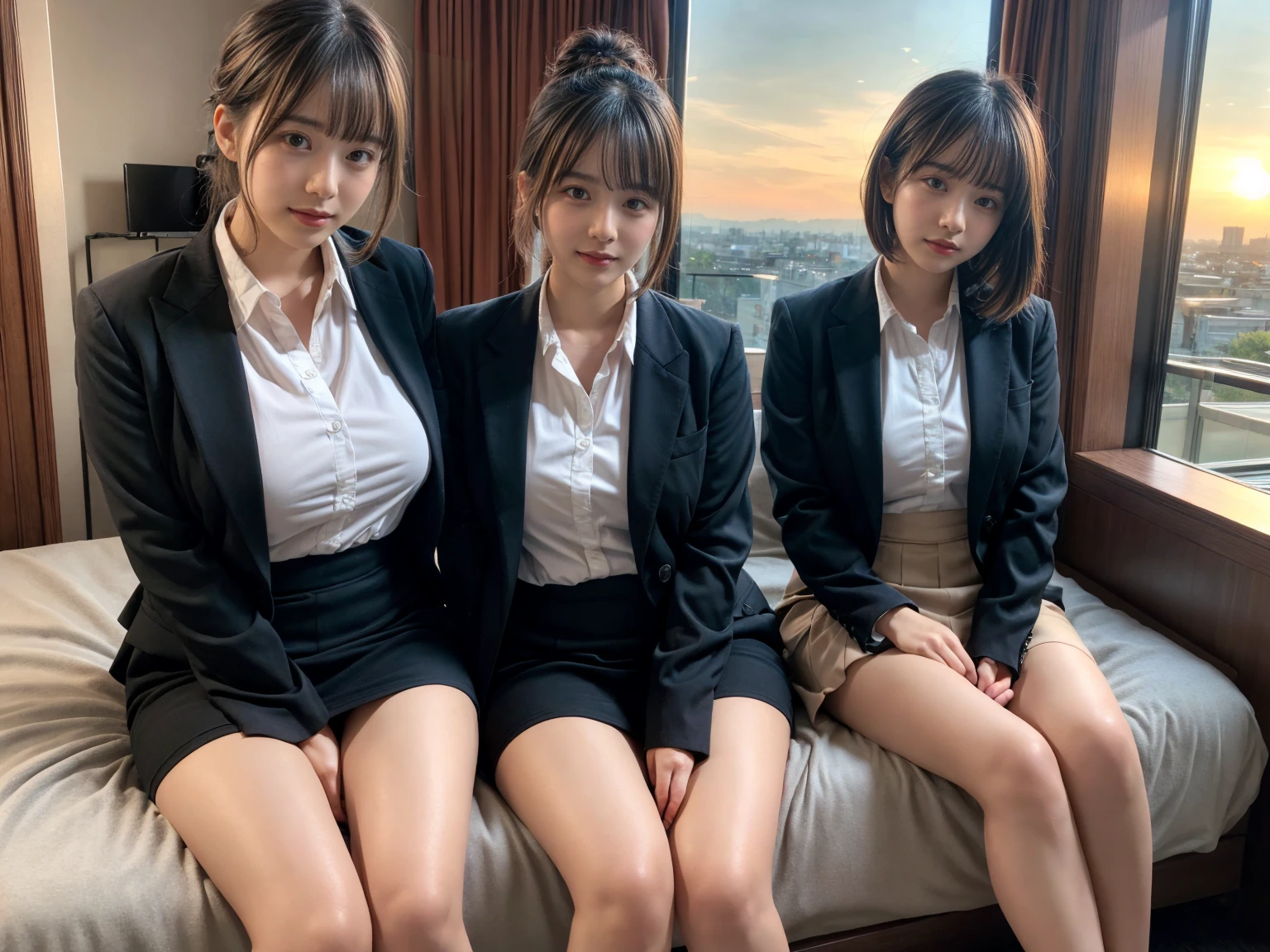 masterpiece, best quality, illustration, Super detailed, fine details, High resolution, 8K,wall paper, perfect dynamic composition,(Details High quality, realistic depiction of eyes:1.3), (2 girls), short hair, Office Lady, ,Suit,Collared shirt, Black Suit,Black jacket, updo, huge breasts,  black hair color, Big Natural Color Lip, bold sexy pose, crying a little、Harajuku style、20 year old girl、cute type、lolita、beautiful legs, hotel room, full body photo、focus on crotch, hposing Gravure Idol, Sexy shot looking at camera, Sunset, by the window, Summer, make up, Curve