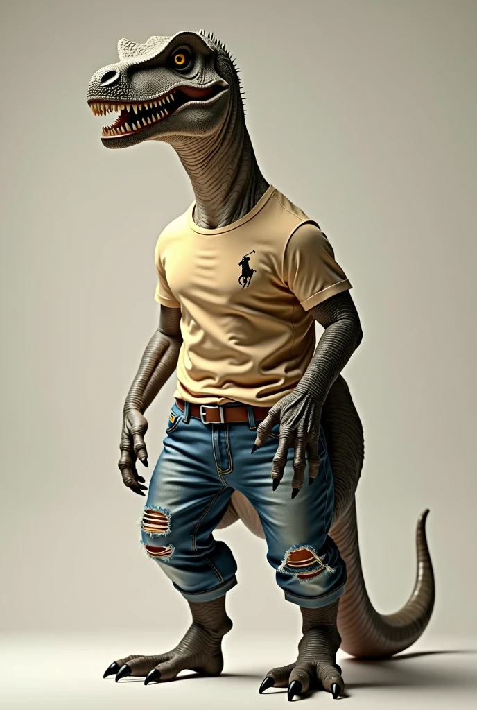 Dinosaur wearing a t-shirt and jeans set from Ralph Lauren Company. Real full body picture as in real life.