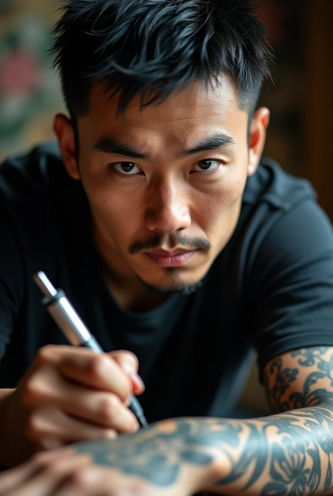 Close-up of a Japanese male tattoo artist in his 20s, square jaw, sharp eyes with thick eyebrows, straight nose with a small stud, firm lips with a smirk, short black hair, tattoo sleeves on his arms, concentrating on his work”